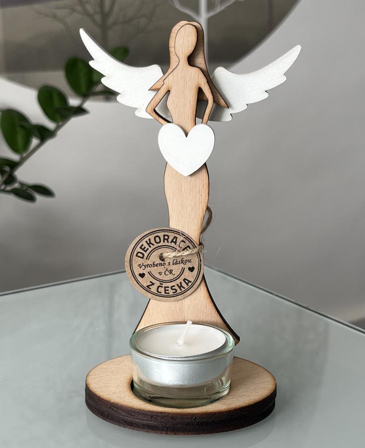 Anjel Svietnik I, drevo-sklo, biele krídla, 8 cm