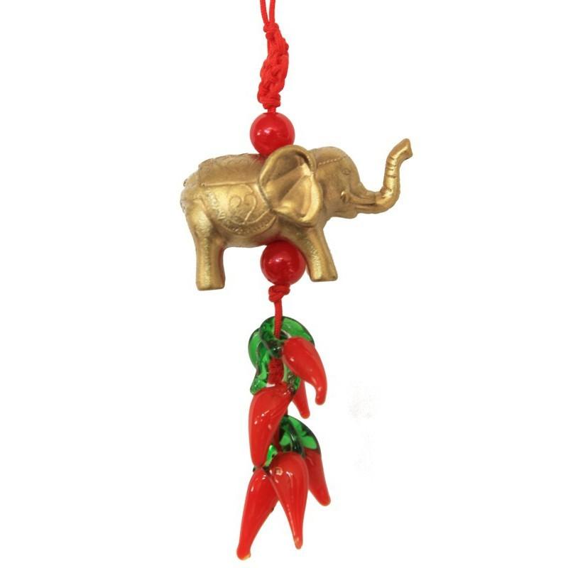 Závesok Slon s chilli papričkami, symbol rastu a bohatstva, 13cm